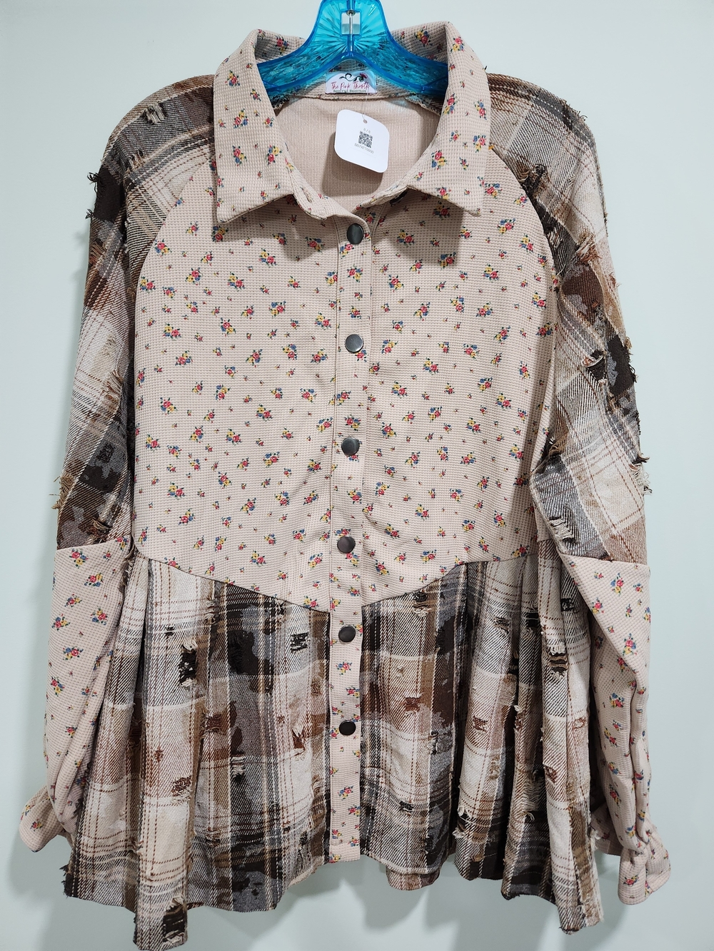 Beige Floral & Plaid Button-Front Tunic Top